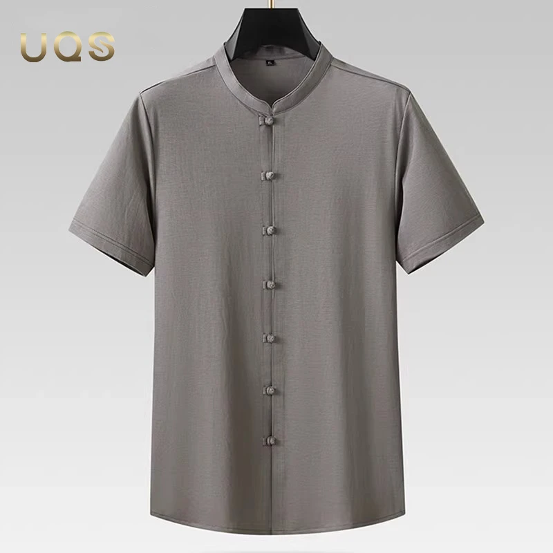 中国风冰丝立领男士夏季衬衫宽松轻薄舒适透气纯色时尚简约百搭款