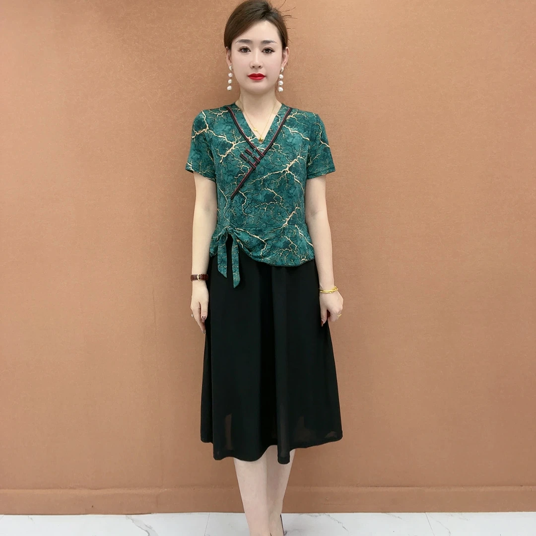 夏季冰感丝滑假两件中长裙气质显瘦减龄亲肤印花裙子