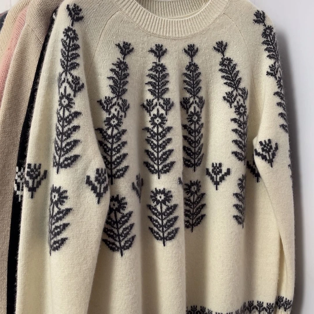 花朵 圆领 羊绒衫