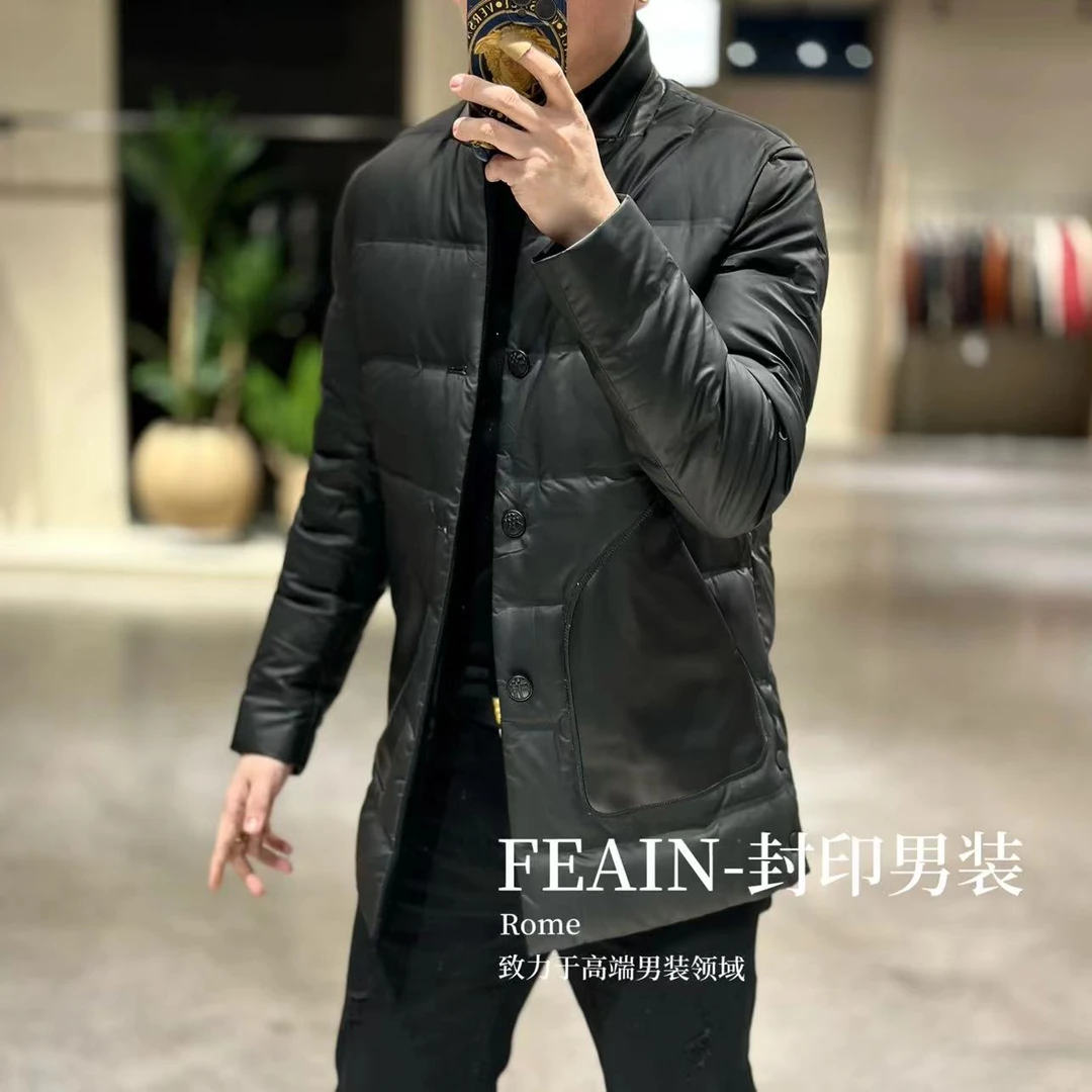 【真皮拼接】高端定制男士一手长真皮拼接无领设计羽绒服82311