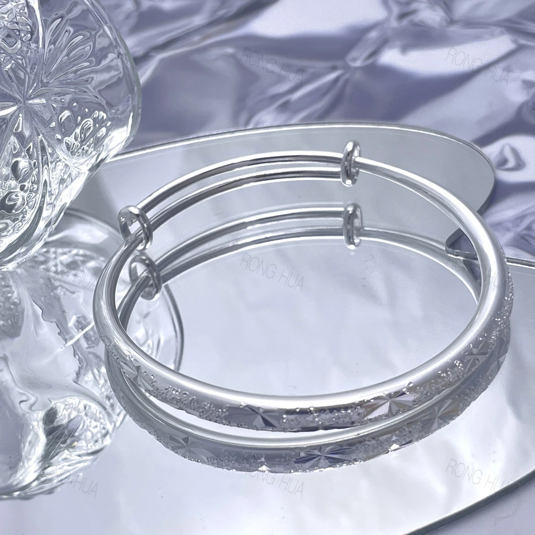 足银手镯 新款闪沙满天星推拉足银手镯实心9999手工时尚经典