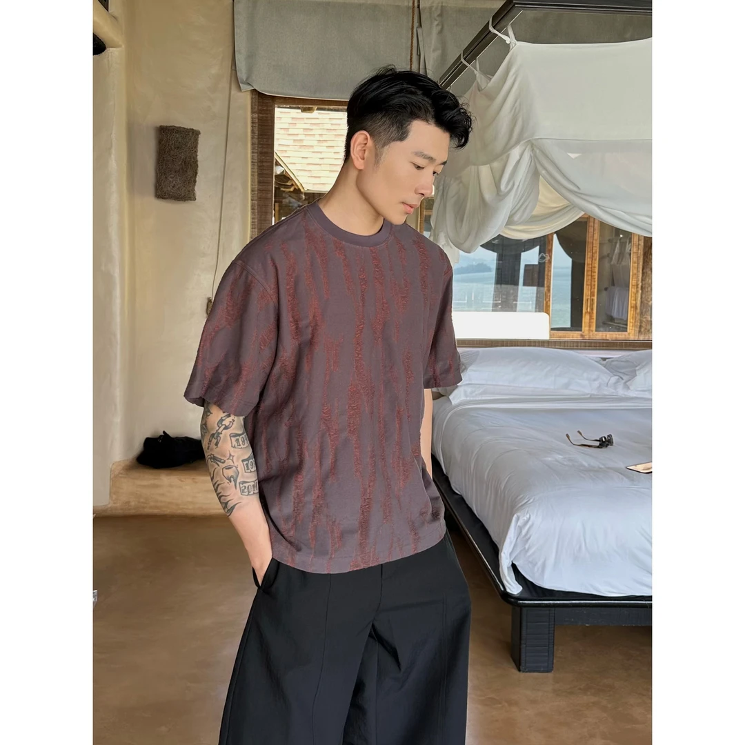 【25夏】无性别/220g双色提花宽松棉短袖T恤