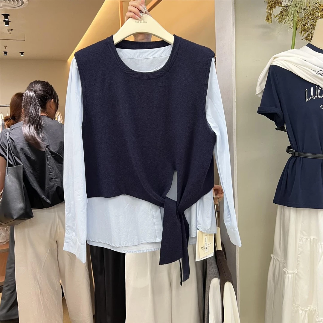 高品质秋季2025韩系气质简约宽松衬衫针织马甲两件套女上衣