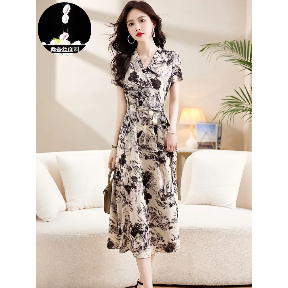 夏季新款水墨印花设计感高级感桑蚕丝连衣裙中长款过膝冰丝长裙子