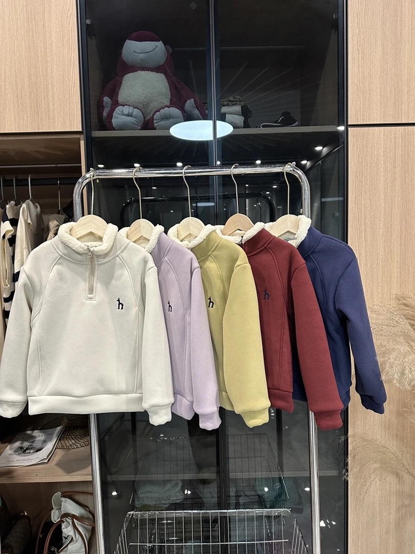 2024冬季爆款加绒加厚纯色高领保暖男童女童休闲北极绒半拉链卫衣