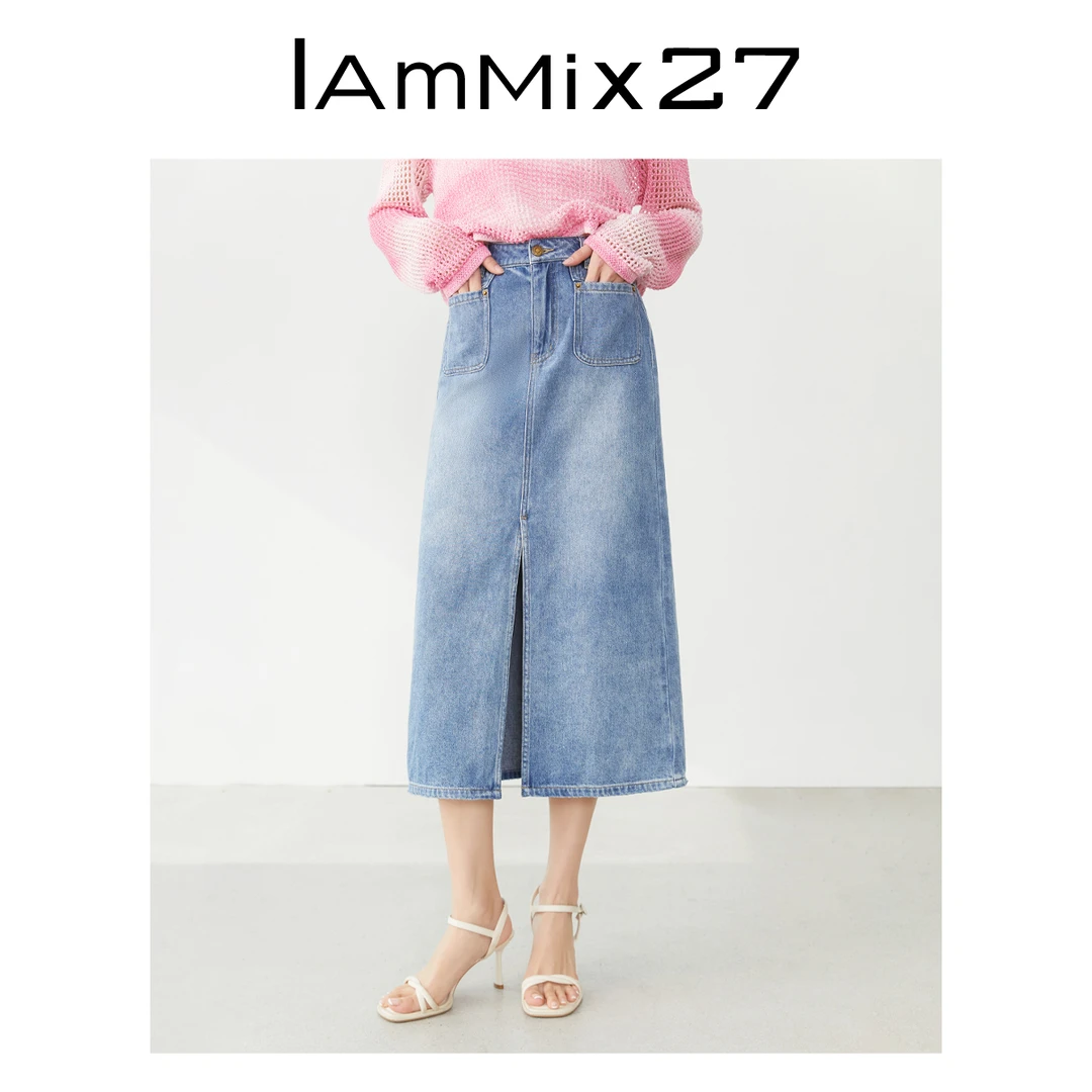 Iammix27复古高腰牛仔半身裙女简约百搭中长款A字裙女M4B6030