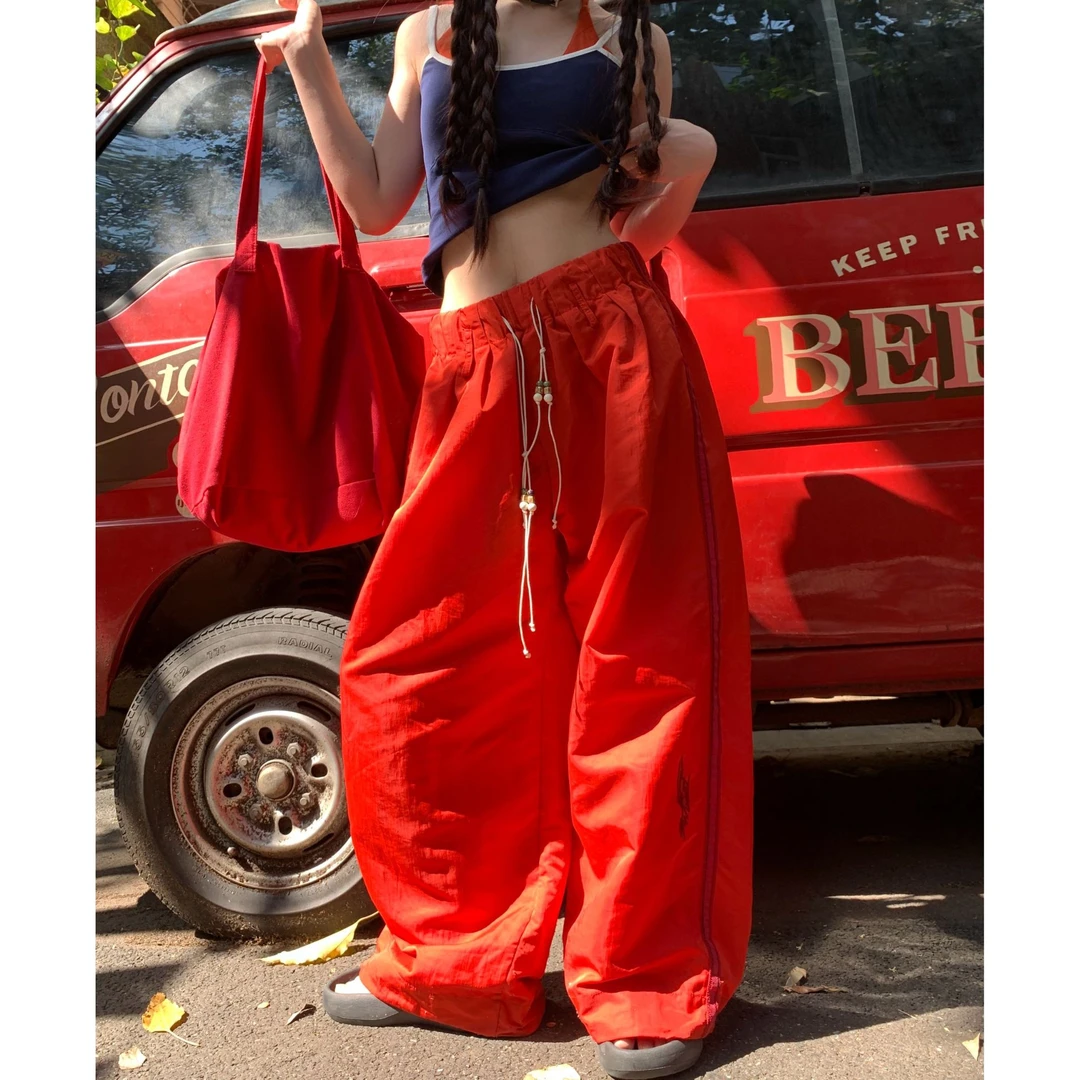 am布丁美式西海岸落日纯色宽松休闲裤女辣妹百搭垂感休闲阔腿裤潮