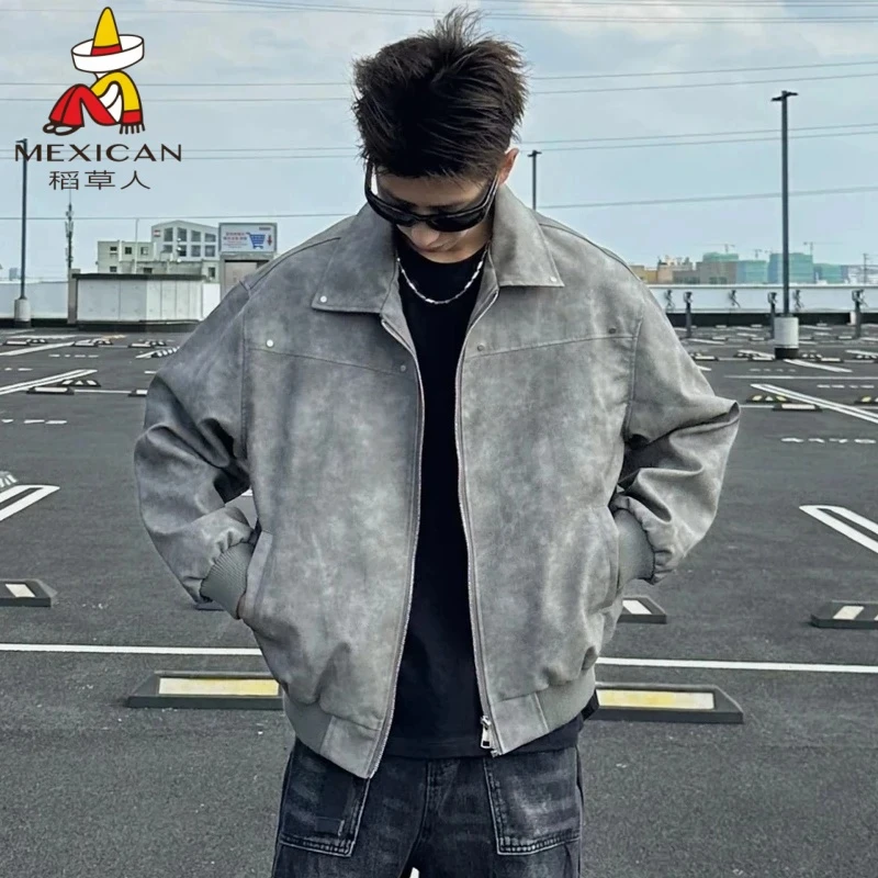 稻草人美式复古休闲装饰翻领夹克潮流秋季宽松情侣工装百搭皮外套