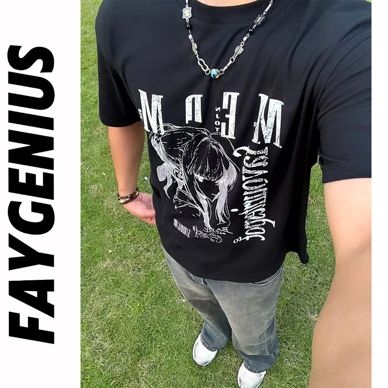 美式手绘漫画人像印花短袖T恤夏季宽松休闲圆领重磅休闲上衣潮流