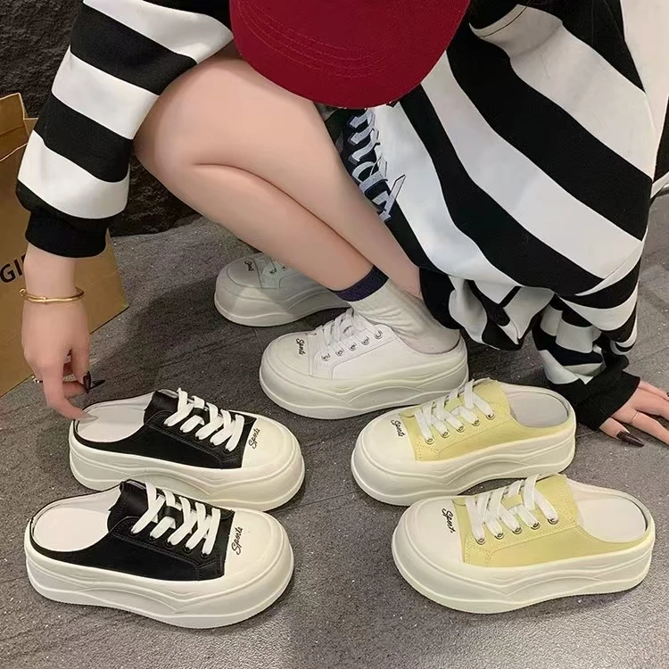 9007真皮韩版半拖小白鞋女2025新款夏大头面包鞋增高百搭休闲板鞋