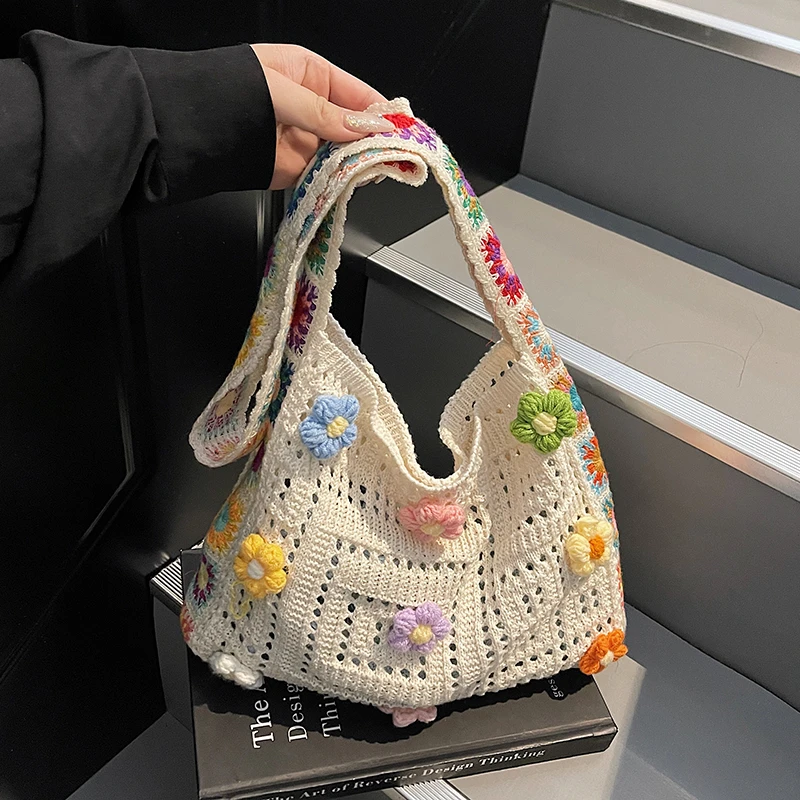 COOLE女包2025新款百搭小众镂空彩色花朵编织简约单肩斜挎托特包