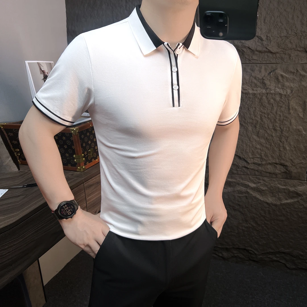 拼色polo衫男款秋季薄款轻奢高级感商务男装白色修身男士t恤短袖