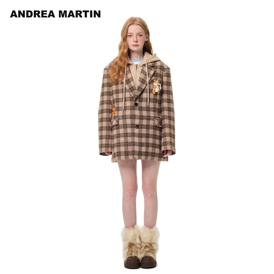 Andrea Martin25秋冬新款假两件格子连帽休闲西装保暖棉服外套