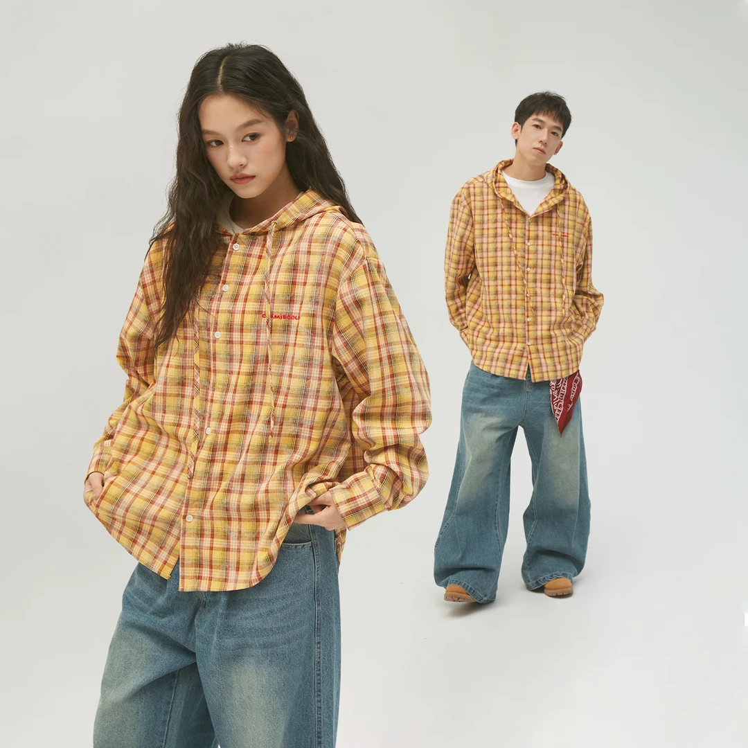 CASD（Clamisgold）美式做旧黄色格子宽松连帽衬衫男女外套上衣潮