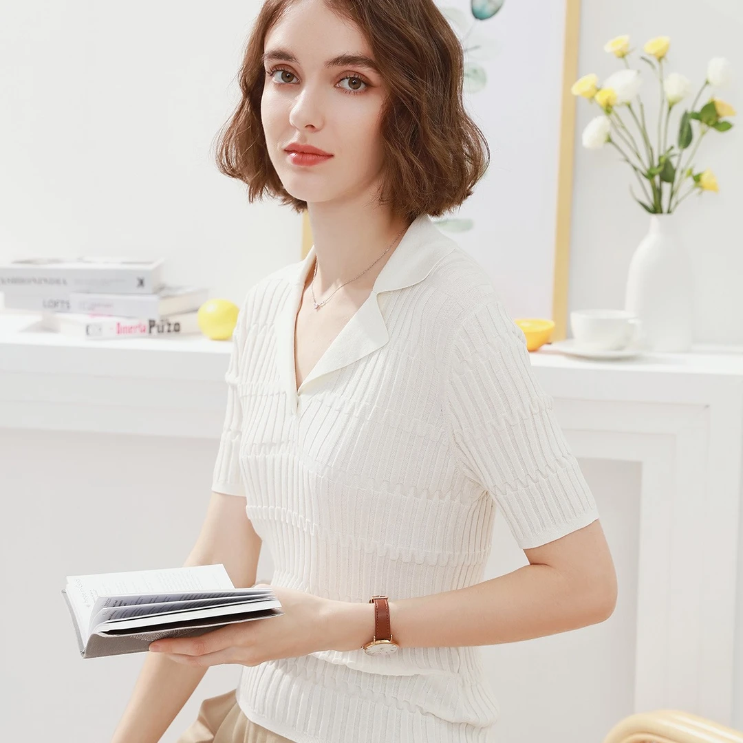 COMOBOCA/科蒙·博卡春夏气质翻驳领女套衫白色桑蚕丝T恤KSR1108