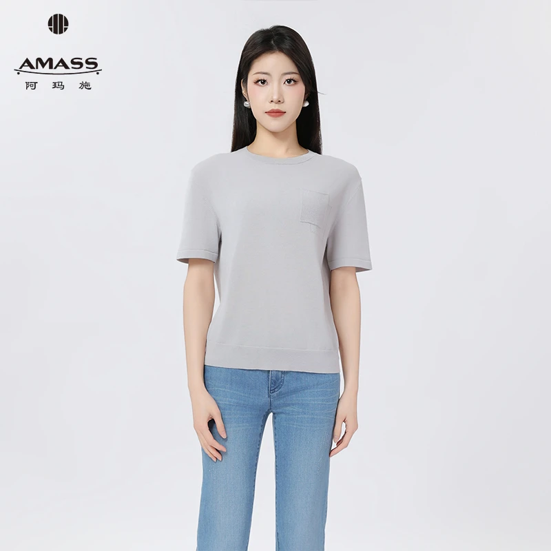 AMASS/阿玛施夏季清凉薄款气质显瘦纯色休闲针织短袖T恤女538010