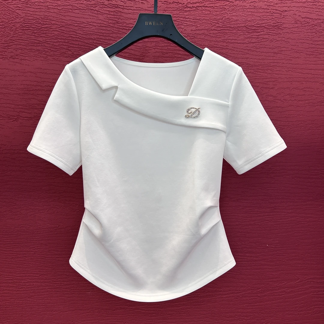 【斜领设计】25年夏季新款斜领设计感时尚收腰半袖显瘦短袖T恤