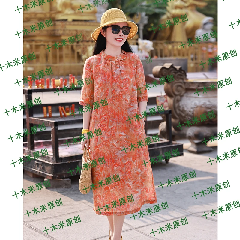 山河梦/十木米原创夏季新款苎麻印花文艺复古显瘦双层中长连衣裙