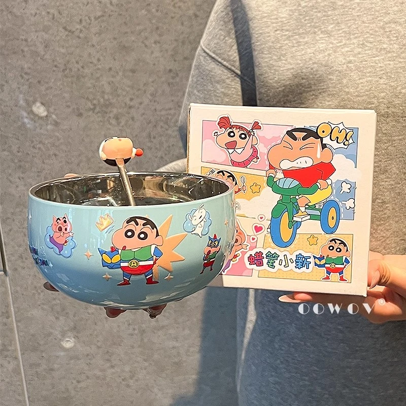 蜡笔小新联名儿童碗新款高颜值不锈钢碗家用双层耐摔饭碗生日礼物