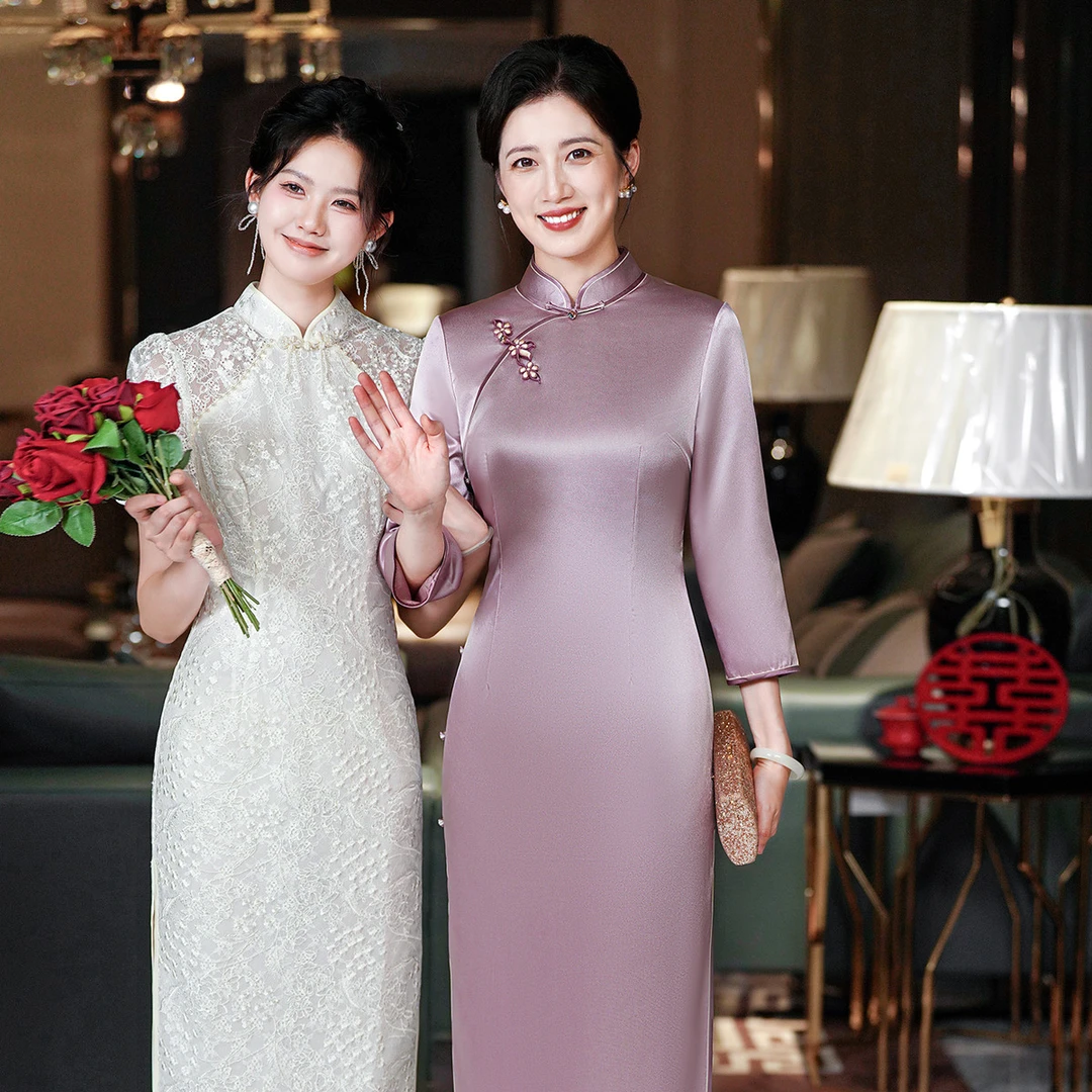 喜婆婆旗袍改良高贵醋酸连衣裙2025新款结婚礼服喜年轻妈妈婚宴装