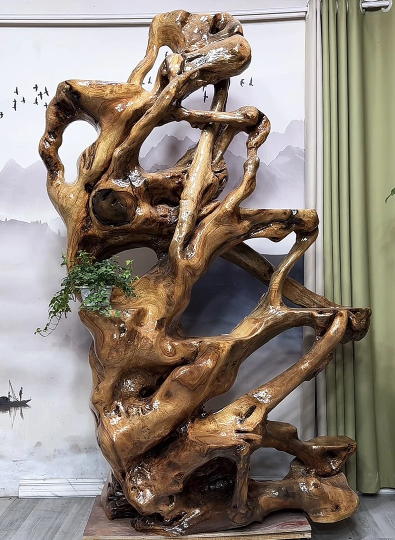 实木根雕花架天然艺术香樟木根艺客厅落地多层树根底座摆件盆景架