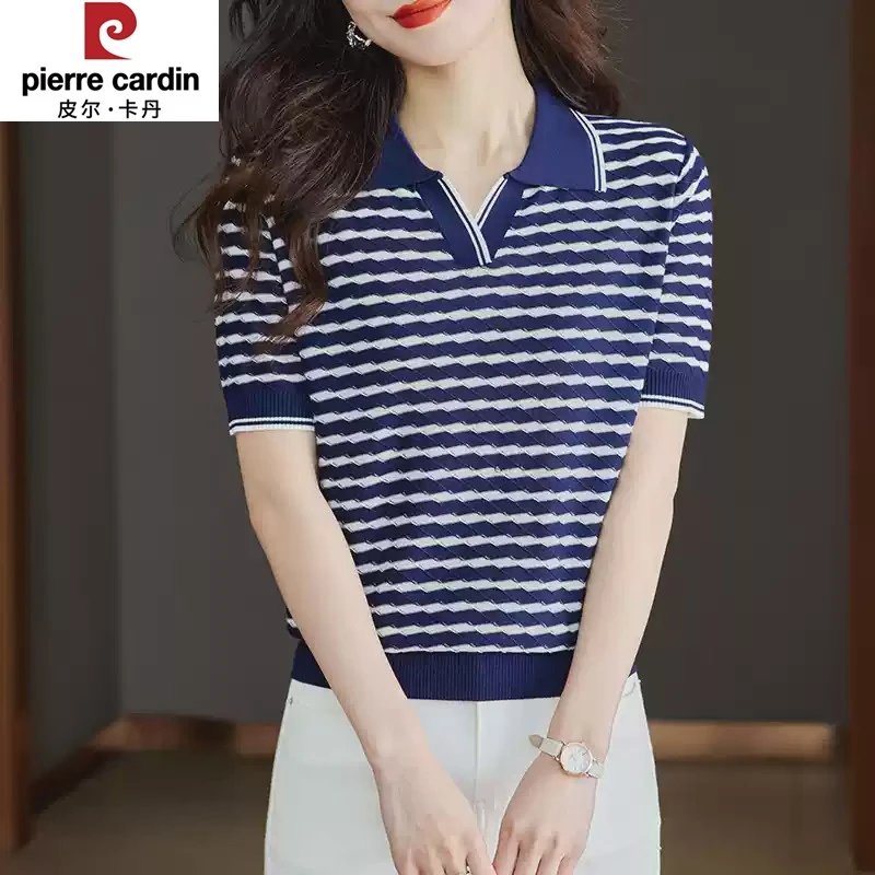 皮尔卡丹品牌纺丝t恤女短袖2025新款妈妈夏装polo领高端条纹冰丝