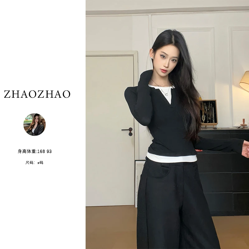 秋冬新款设计感撞色假两件长袖T恤修身显瘦休闲内搭打底衫上衣女