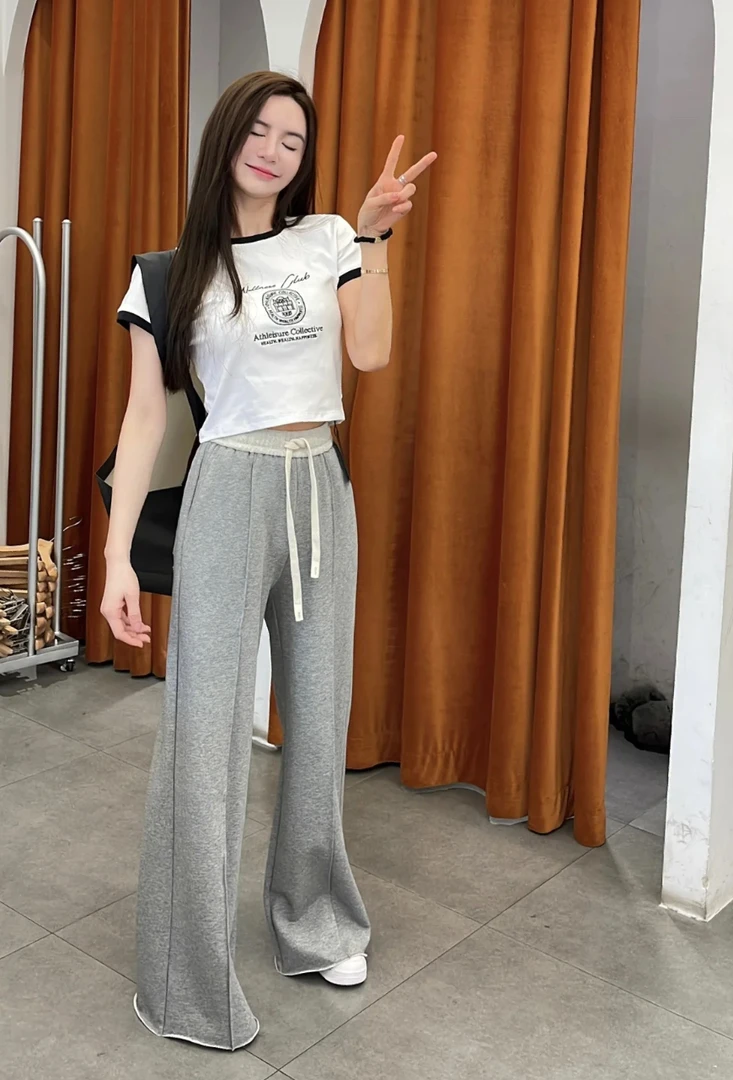 现货～灰色运动裤新款高腰垂感宽松休闲显瘦直筒阔腿裤