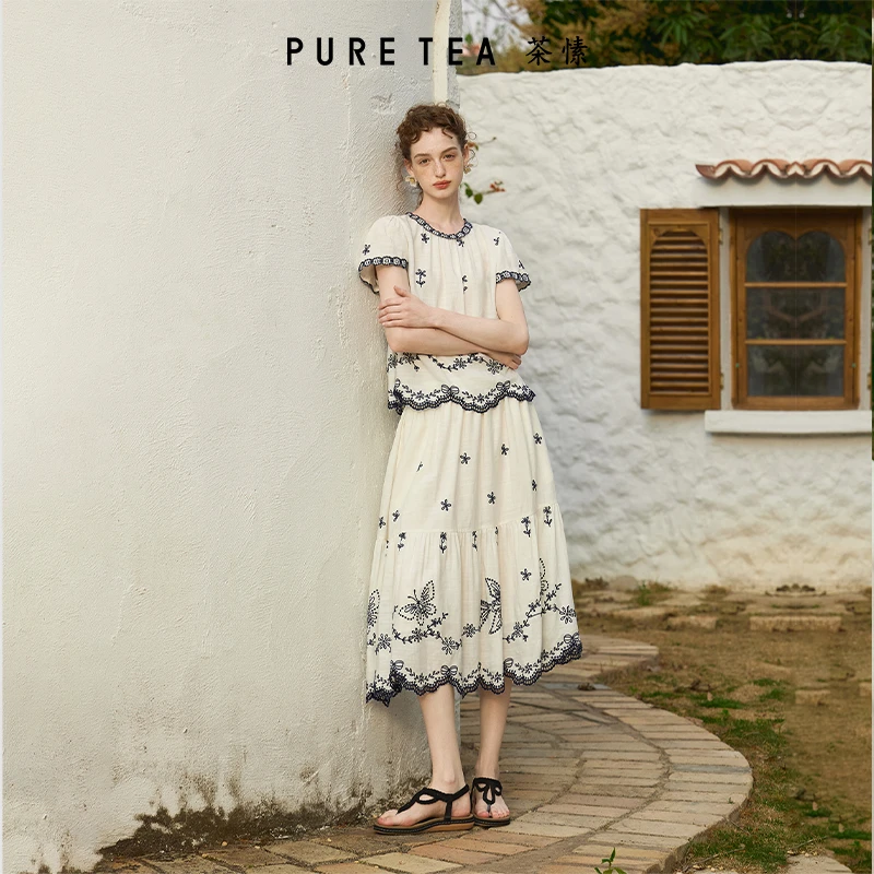 【浪漫千金】puretea茶愫飞鸟刺绣花边裙摆碎褶a字半身裙KS1202D21