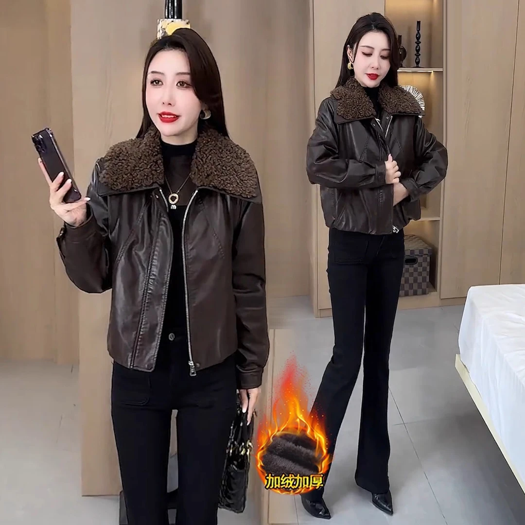 时尚加绒加厚短款皮衣外套女2025冬季新款显瘦PU皮棉袄夹克潮015