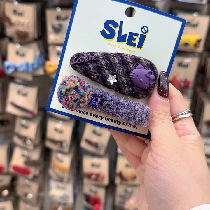 紫色格子kt毛球发夹