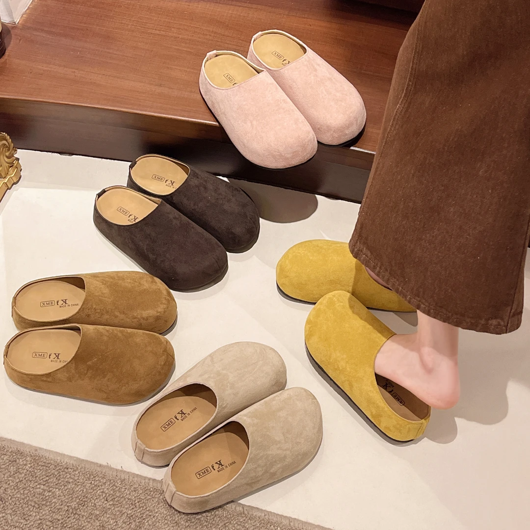 复古勃肯包头拖鞋女秋季新款时尚厚底磨砂皮博肯半拖鞋