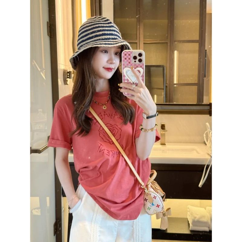 【玫瑰字母】夏季时尚百搭设计款刺绣短袖-DX2025558