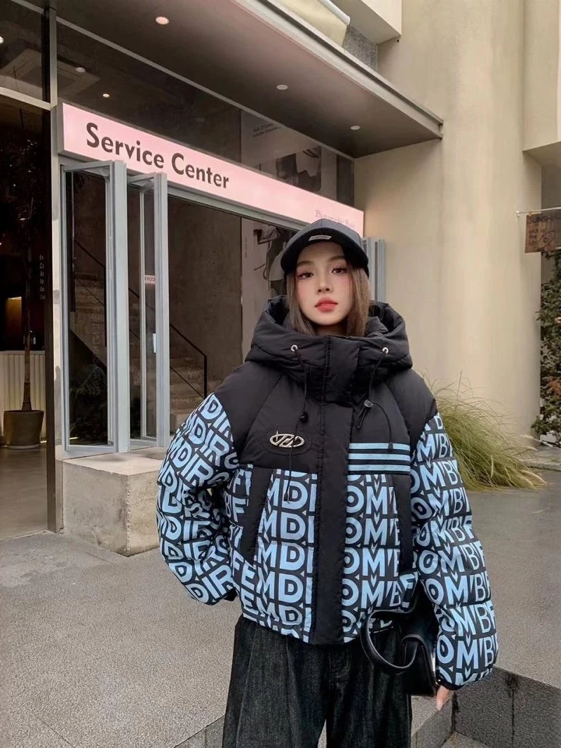 印花连帽中长款合格品拉链冬装洋气韩版加厚
