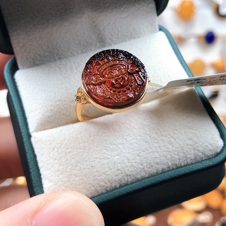 血珀银S925镀金镶嵌戒指