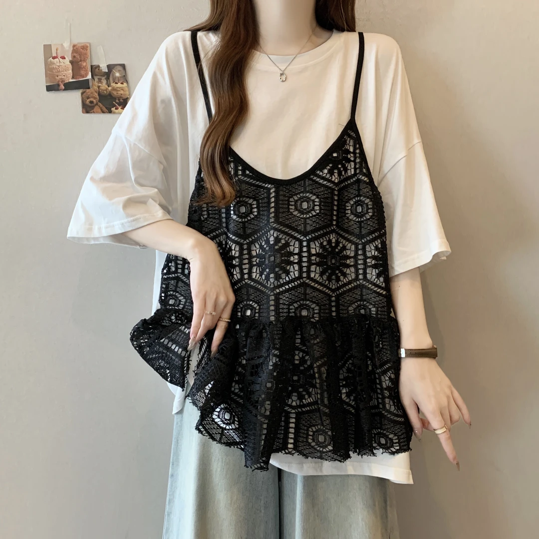 大码女装胖mm上衣2025夏季新款宽松显瘦短袖拼接蕾丝假两件套T恤