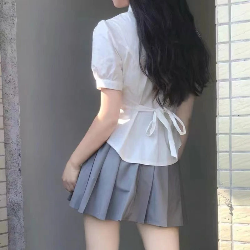 直播收腰绑带款JK短袖上衣女短袖夏季学院风收腰泡泡袖衬