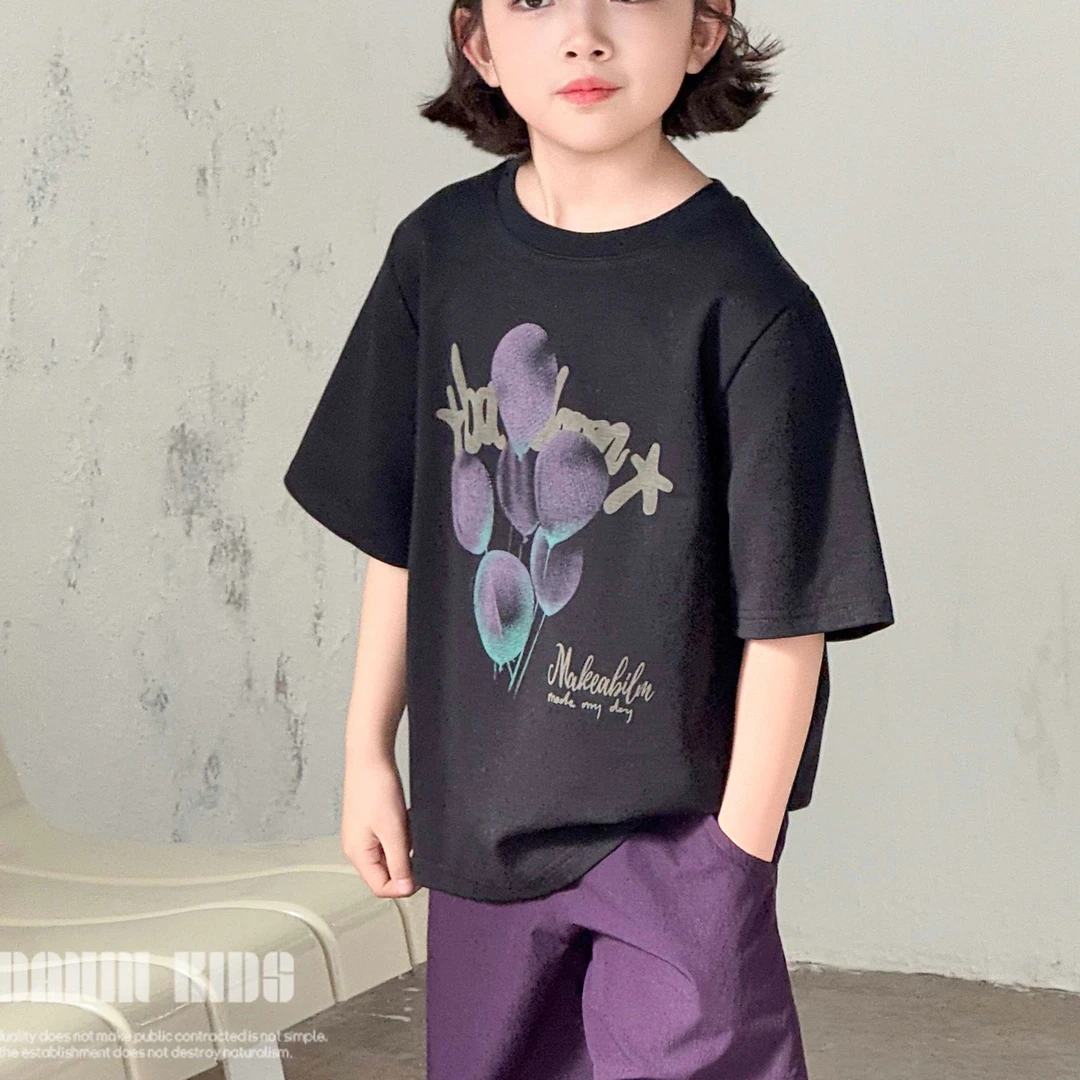 【嗒囜】女童春夏季宽松短袖T恤卡通涂鸦ins上衣小女孩洋气韩范衣服