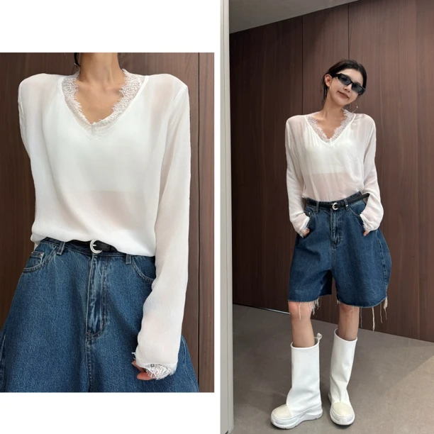 Aila|2025显瘦蕾丝边长袖百搭时尚防晒上衣白色短款打底衫内搭