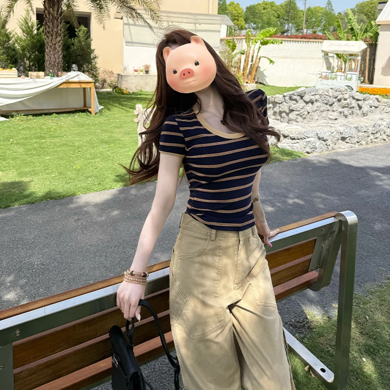 美式正肩撞色条纹短袖T恤独特漂亮初夏上衣女夏季2025年新款爆款