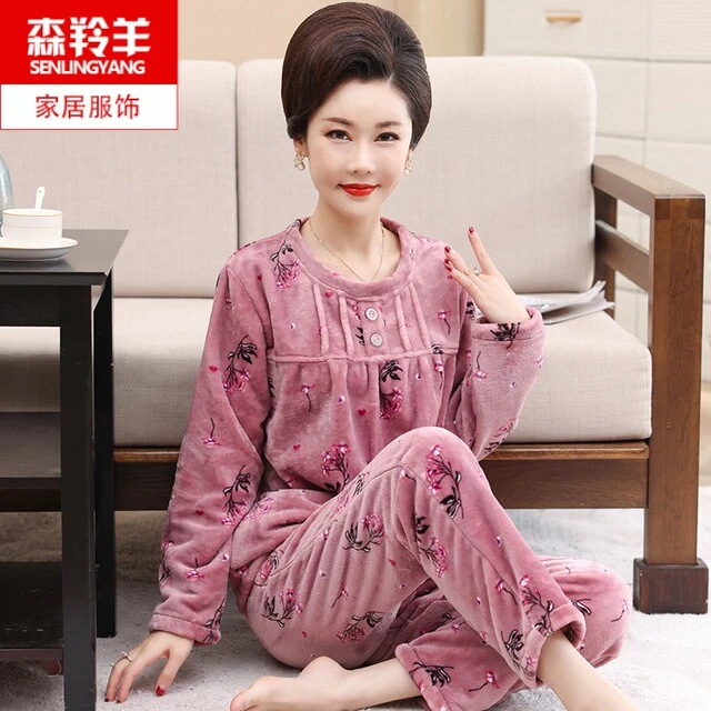 秋冬季珊瑚绒睡衣女士加厚保暖家居服中老年人可外穿大码休闲套装
