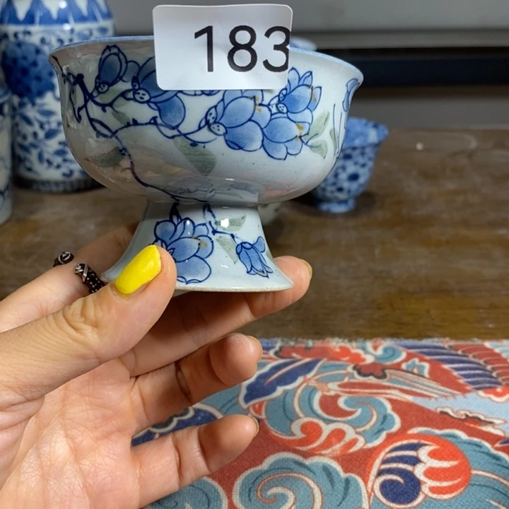 青花瓷景德镇手绘玉兰花高脚茶杯