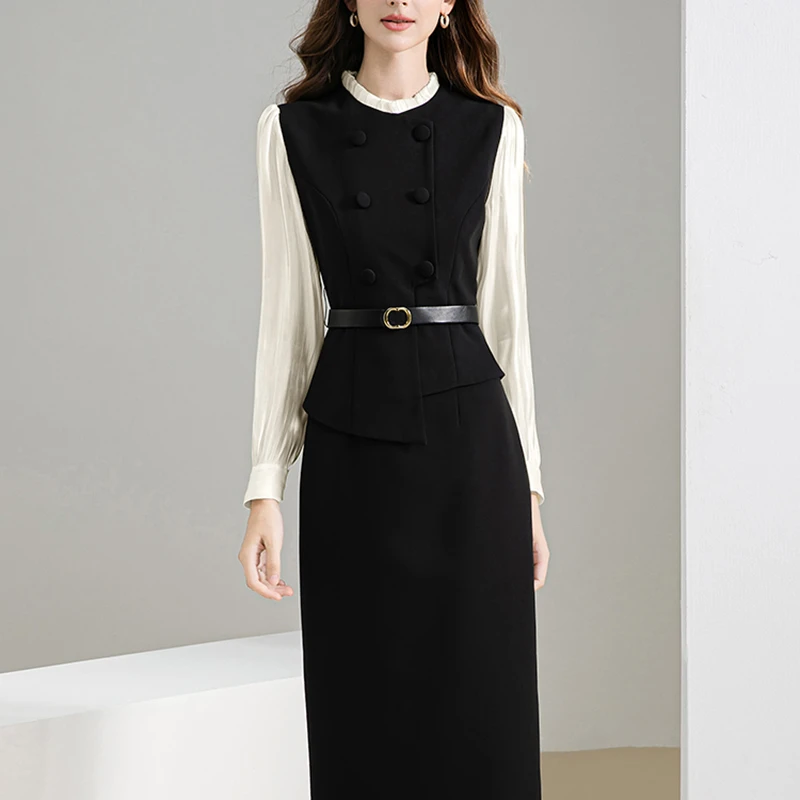 【TW】2025秋季气质通勤假两件长袖拼接系带修身包臀女装连衣裙2116