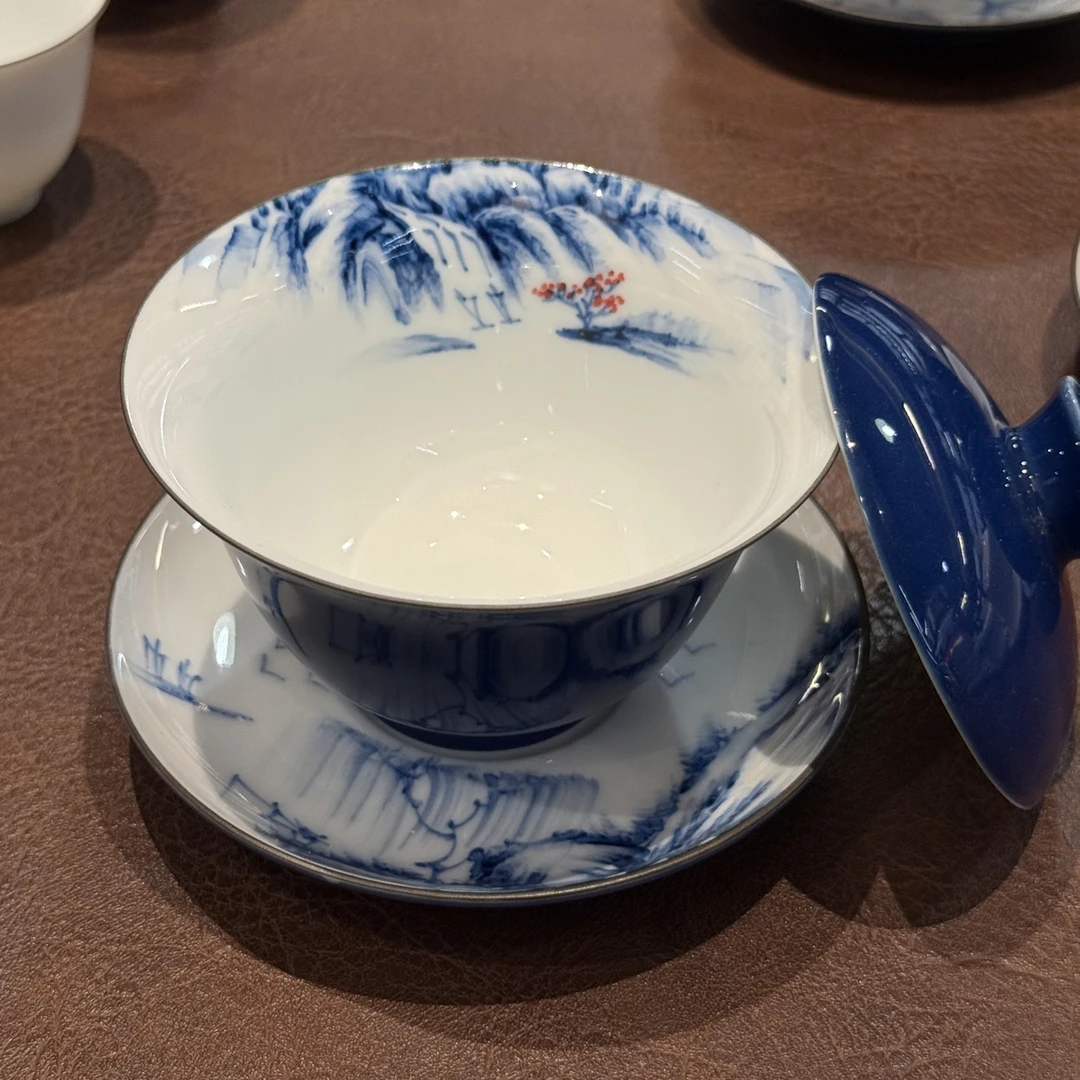 霁蓝手绘高山流水三才盖碗盖下 150ml