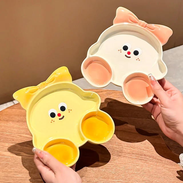 创意陶瓷饺子盘带醋吃水饺专用盘高颜值卡通碟子调料分格盘薯条盘