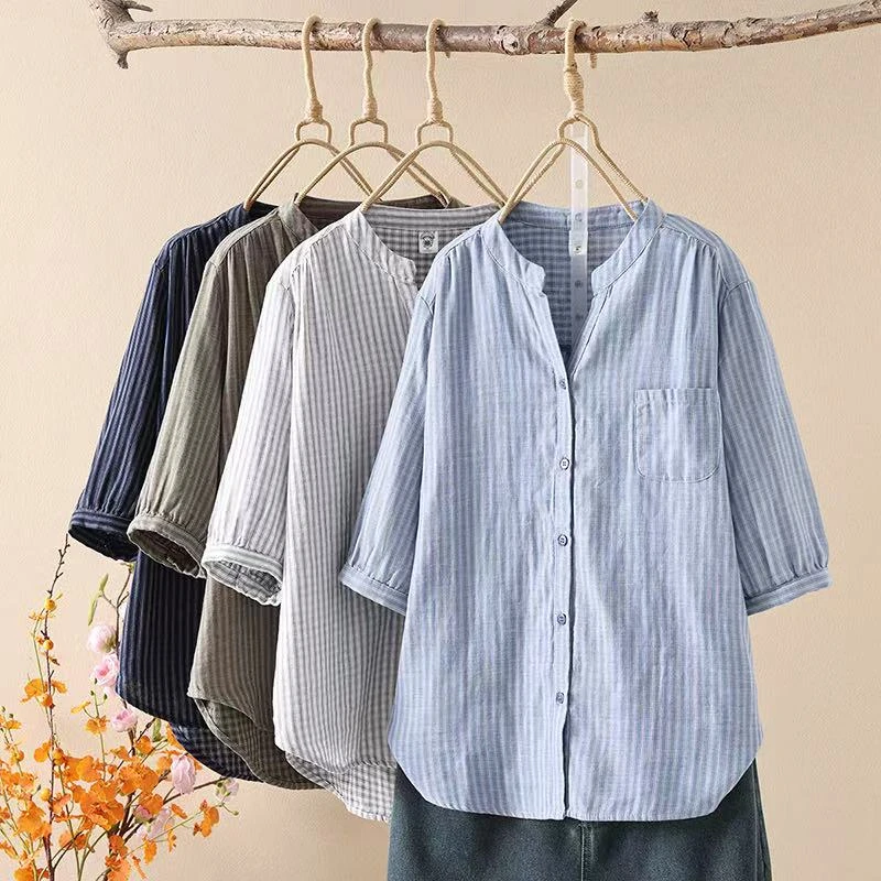 夏季新款宽松V领衬衫衬衣休闲大码薄款时尚百搭条纹小衫女1139