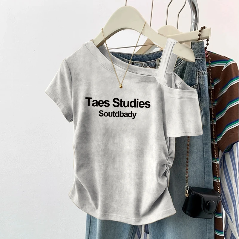 爆款夏季掐腰露肩小上衣斜肩一字领字母印花假两件短袖T恤女