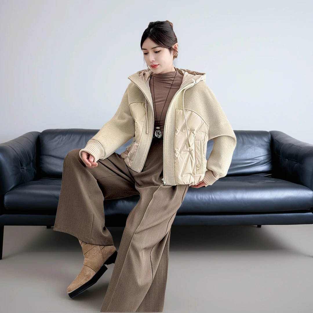 老钱风211冬款女毛呢拼羽绒服外套厚连帽宽松压花短款休闲时尚