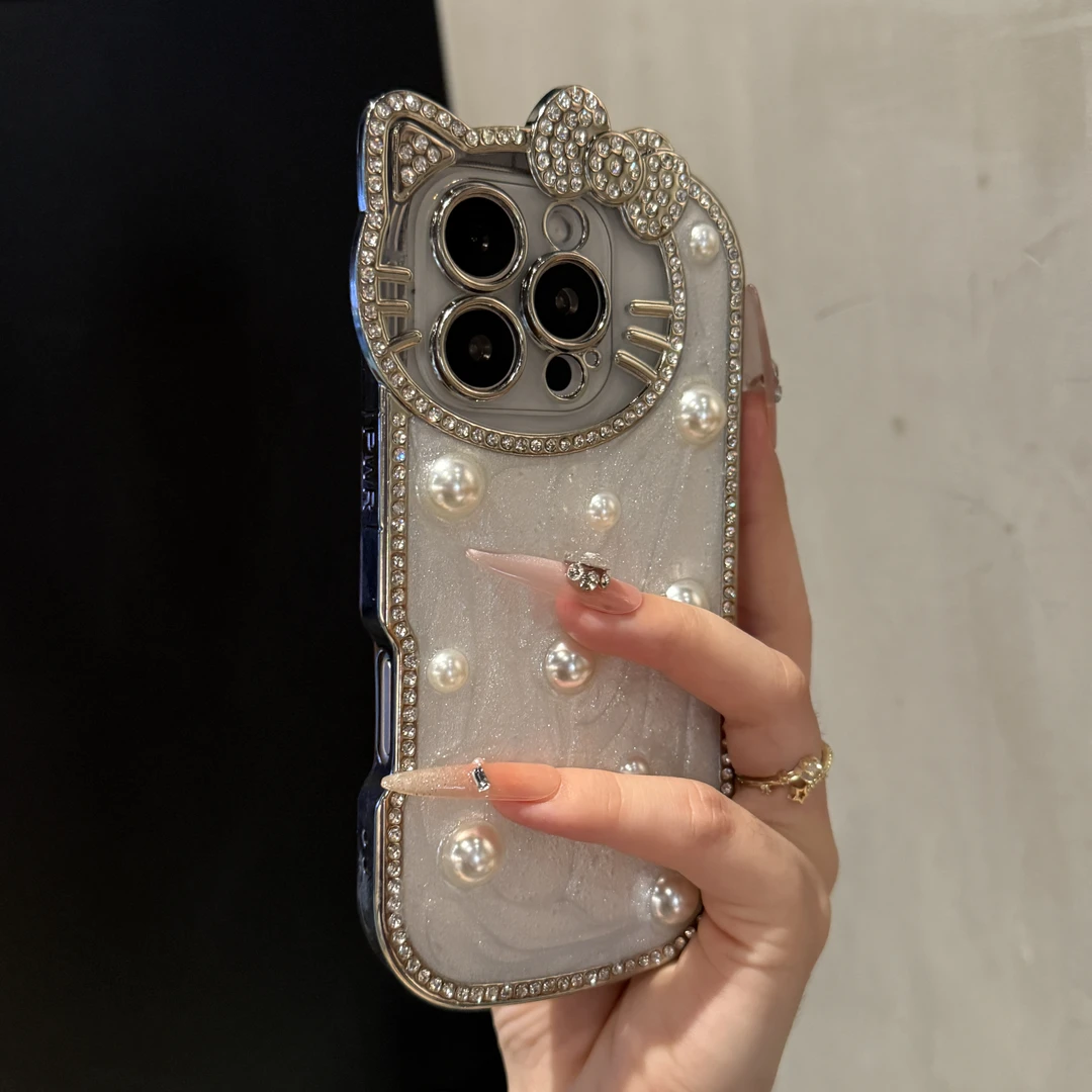高颜值可爱猫咪立体滴胶珍珠适用苹果16promax手机壳iPhone15新款