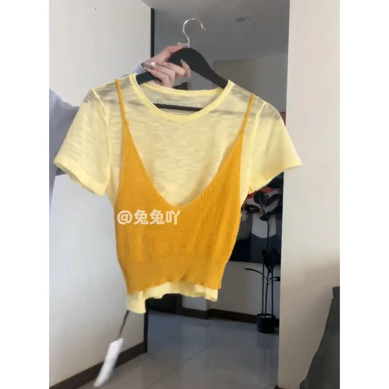 韩系温柔风百搭两件套女针织显瘦吊带+圆领修身短袖女多巴胺套装